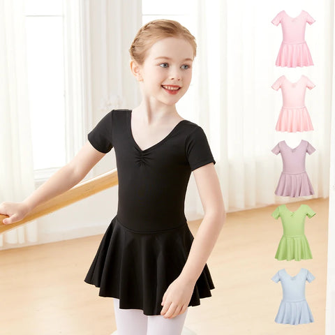 Girls Pink Ballet Leotard Dress – Short Sleeve Tutu Dance Outfit