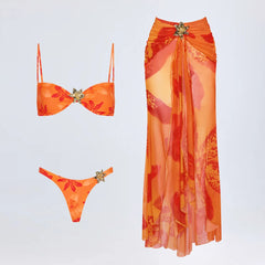 3-Piece Printed Bikini Set with Mesh Skirt – Women’s Sexy Swimwear 2025