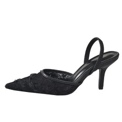 Sharp Point Single Shoes Embroidered Lace High Heels Black Shiny Summer Elegance Sandals Fashionable Versatile Rubber Sole