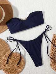 Tie-Side Shiny Ring Bandeau Bikini – Women’s Padded Low-Waist Swimsuit 2025