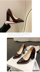 10cm High Heel Colorful Pumps Women's Shoes Pointed Toe Fashion Red 3.9inch Chunky Heels Patent Leather Female Plus Size 49 50