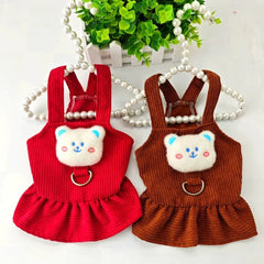 Corduroy Bear Pet Dress – Warm Autumn/Winter Outfit for Small Dogs & Cats