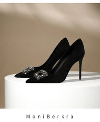 Diamond square buckle black high heels, slim heels, fashionable temperament, suede professional pointed French single shoes