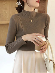 Women’s Knitted Turtleneck Sweater – Slim Button Pullover