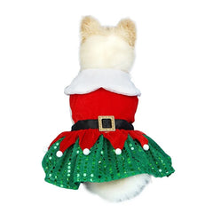 Christmas Dog Dress – Red Belt & Sequin Skirt Holiday Outfit