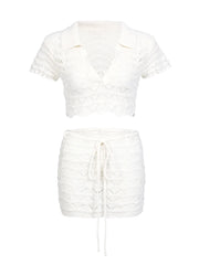 Summer Sexy Knit Two-Piece Set – V-Neck Lace-Up Top & Cut-Out Mini Skirt Cover-Up