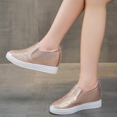 Women's Sneakers Hollow Rhinestone Platform Wedge 2023 Spring Fall Hidden Heel Breathable Fashion Shoes Casual Simple