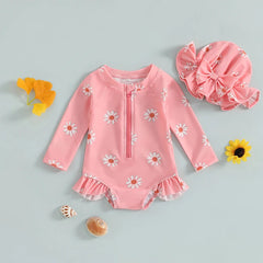 Toddler Girl Floral Rash Guard Swimsuit Set with Hat – Long Sleeve Zipper Bathing Suit