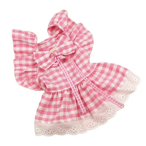 Pink & Yellow Plaid Dog Dress 🌸 Bow Tie Summer Outfit for Small Dogs