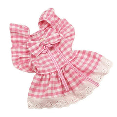 Pink & Yellow Plaid Dog Dress 🌸 Bow Tie Summer Outfit for Small Dogs