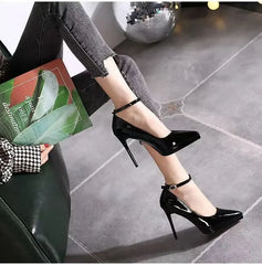 11cm Super High Stiletto Heels Pumps Women Shoes Pearl Chain Thong Ankle Strap Pointed Toe Big Size Leather Office Shoes