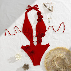 3D Flower Hollow One-Piece Swimsuit – Women’s Sexy Solid Bodysuit Beachwear