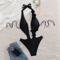 3D Flower Hollow One-Piece Swimsuit – Women’s Sexy Solid Bodysuit Beachwear
