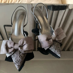 Black Bow knot High Heels Sandals Women 2025 Summer Slingback Pumps Vintage Satin Pointed Toe Heeled Elegant Party Lady Shoes