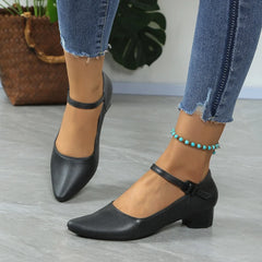 Spring and Autumn New with A Word Buckle Work Shoes Pointed Thick Heel Single Shoes Fashion Comfortable Casual Women's Shoes