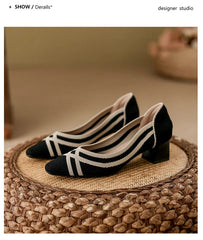 Women's high heels knitted breathable square heel beautiful princess non slip rubber sole comfortable shoes 2024 new model