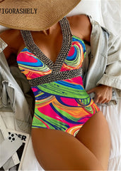 Vigoashely Sexy Print Strappy Push-Up One-Piece Swimsuit – 2025 Backless Monokini