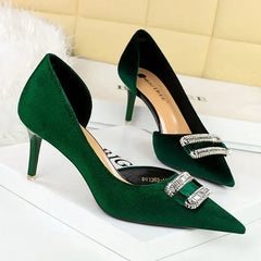 Velvet Pointed Toe Hollow Pumps – Crystal Buckle Thin High Heels (Purple)