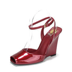 Slope heel, fish mouth, empty sandals, patent leather ankle buckle strap, stylish, sexy, shallow mouth,comfortable women's shoes