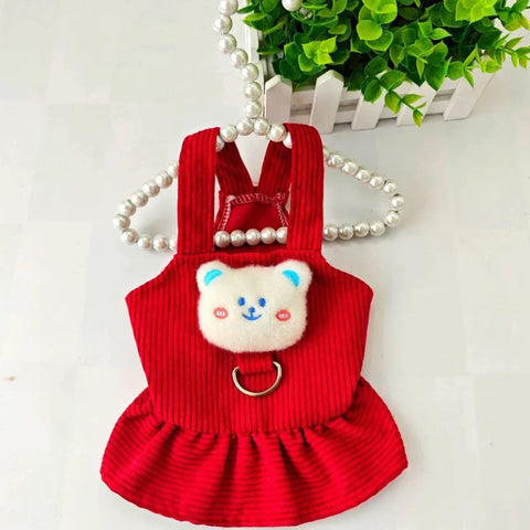Corduroy Bear Pet Dress – Warm Autumn/Winter Outfit for Small Dogs & Cats