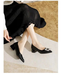Women's Elegant Black Mid Block Heels Pumps with Crystal Rhinestone Pointed Toe Dress Shoes