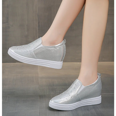 Women's Sneakers Hollow Rhinestone Platform Wedge 2023 Spring Fall Hidden Heel Breathable Fashion Shoes Casual Simple