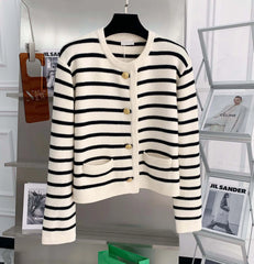 Women’s Stripe Knit Cardigan – O-Neck Single-Breasted Crop Sweater
