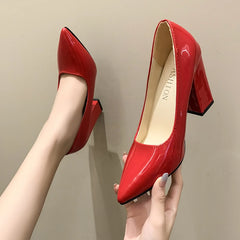 10cm High Heel Colorful Pumps Women's Shoes Pointed Toe Fashion Red 3.9inch Chunky Heels Patent Leather Female Plus Size 49 50