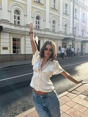 Women’s Lace Patchwork Top – V-Neck Short Sleeve Tee