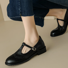Retro Women's Brogue Leather Shoes Spring round Head Carved Mary Jane Shoes Women Oxfords Women's Shoes Ladies Leather Female