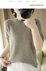 Women’s Short Sleeve Slim Fit Knitted Sweater – Camel & Pink