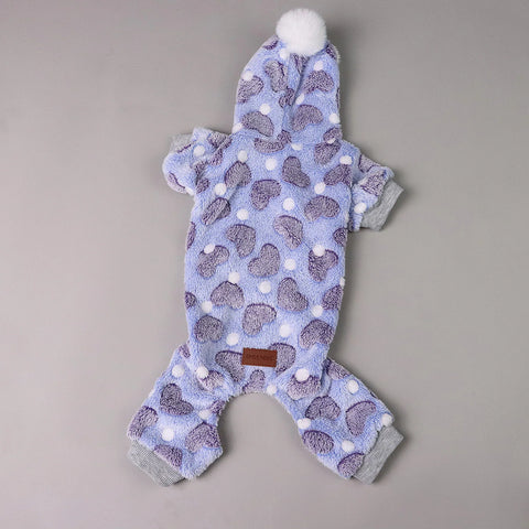 Plush Dog Pajamas – Warm Heart Print Fleece Onesie with Pompom for Small Dogs