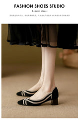 Women's high heels knitted breathable square heel beautiful princess non slip rubber sole comfortable shoes 2024 new model