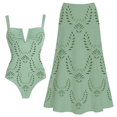 V-Neck Laser Cut Floral Bikini Set – Women’s Solid Color Luxury Swimsuit