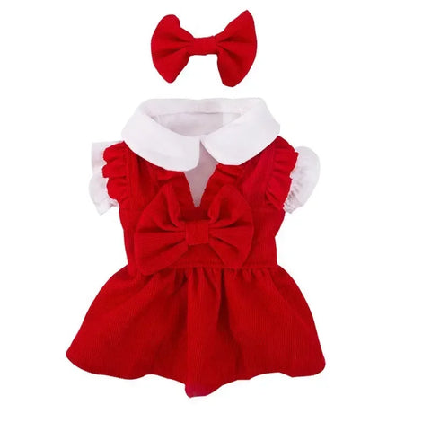 Winter Bow Knot Dog Dress Set – Warm Christmas Princess Outfit for Small Dogs & Cats