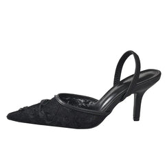 Sharp Point Single Shoes Embroidered Lace High Heels Black Shiny Summer Elegance Sandals Fashionable Versatile Rubber Sole