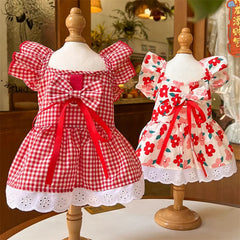 Floral Summer Dog Dress 🌸 Plaid Skirt & Bow Outfit for Small & Medium Dogs