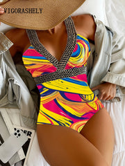 Vigoashely Sexy Print Strappy Push-Up One-Piece Swimsuit – 2025 Backless Monokini
