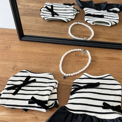 Summer Striped Dog Dress – Bow Collar Outfit for Small Dogs, Black & White Pet Clothes