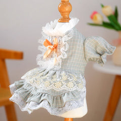 Dog Lace Summer Dress with Puff Sleeves & Bow – Cute Orange Outfit for Small & Medium Dogs