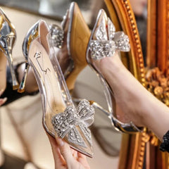 2024 Spring and Autumn New Transparent High Heels Women's Stiletto Heels Pointed Toe Bow Fashion Sexy Single Shoes for Women