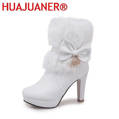 2025 New Fashion Womens Winter High Heel Boots Pink White Black Fur Tassel Bowtie Lovely Lolita Ladies Party Wedding Shoes