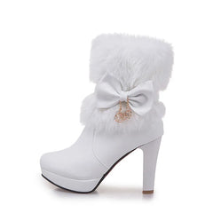 2025 New Fashion Womens Winter High Heel Boots Pink White Black Fur Tassel Bowtie Lovely Lolita Ladies Party Wedding Shoes