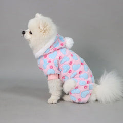 Plush Dog Pajamas – Warm Heart Print Fleece Onesie with Pompom for Small Dogs