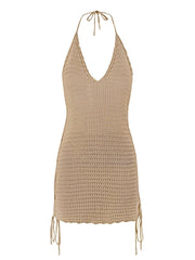Knit Halter V-Neck Mini Dress – Side Cross Straps Beach Cover-Up (2025)