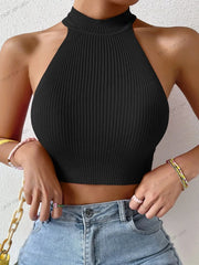 Women’s Ribbed Knit Halter Crop Top – Y2K Style