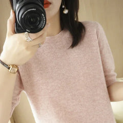 Women’s Short Sleeve Slim Fit Knitted Sweater – Camel & Pink