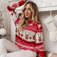 Women’s Christmas Elk Print Sweater – Warm Long Sleeve Knit Pullover