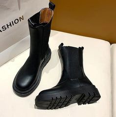 Black Ladies Boots Elegant with Low Heels Shoes for Women Chelsea Mid Calf Half High Footwear Spring Autumn Sale Quality 2025 Pu