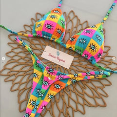Y2K Print Halter Lace-Up Bikini Set – Sexy Women’s Thong Swimsuit
